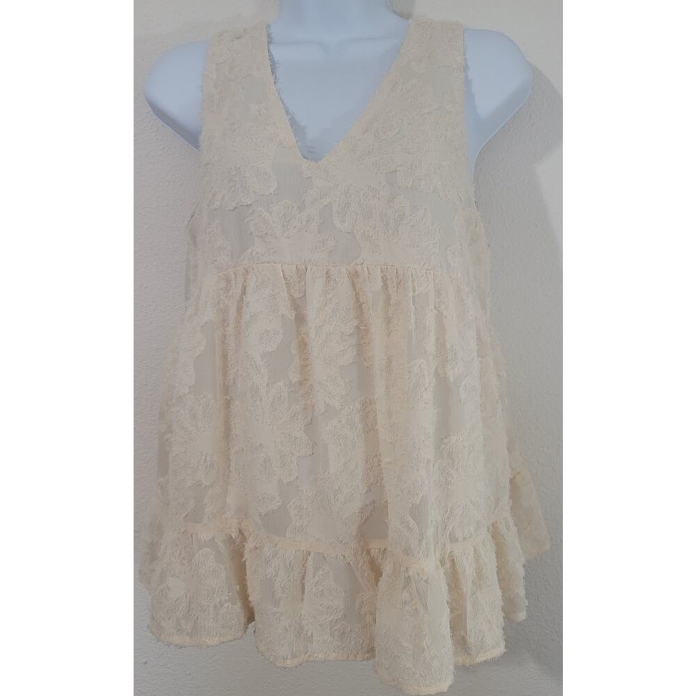 Doe & Rae Cream Beige V-Neck Peplum Tank Shirt Small Lightweight Soft Flowy